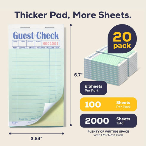 1000 (20 2 FMP Brands Double Part Guest Check for Servers, Server Note Pads Sheets Pads), Server Books for Waitress