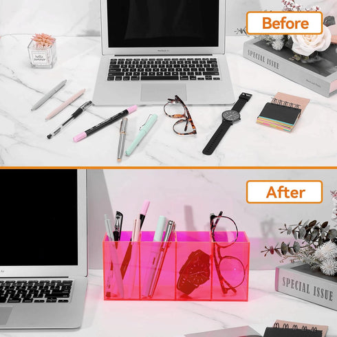 HappyDino Acrylic Pen Holder, Colored Pencil Cup Storage, Makeup Brush Holder, Thickened Version, Neon Pink