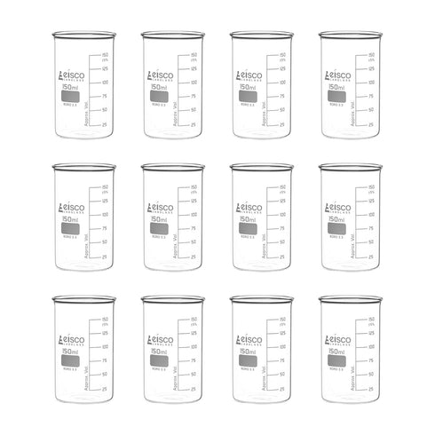 Eisco 12PK Tall Form Beakers Without Spout, 150mL Graduated Borosilicate Glass Berzelius Beaker