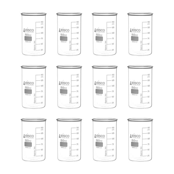 Eisco 12PK Tall Form Beakers Without Spout, 150mL Graduated Borosilicate Glass Berzelius Beaker