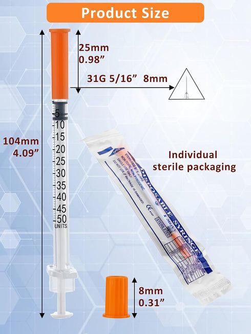 100 Pack 0.5ml 31G 0.5cc 5/16 Inch (8mm) Disposable Syringe, Lab Supplies Syringes, Individually Wrapped