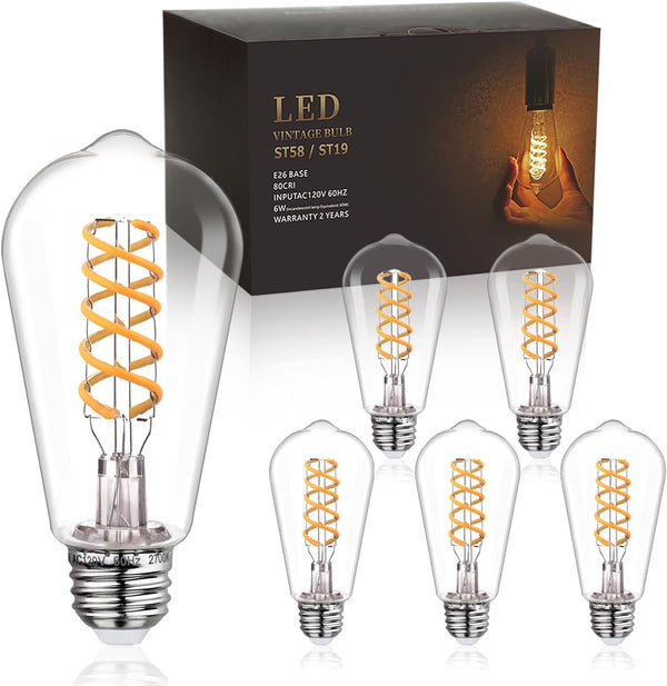 ST58 (ST19) Vintage Edison LED Bulb,Soft White 2700K,Antique Flexible Spiral LED Filament