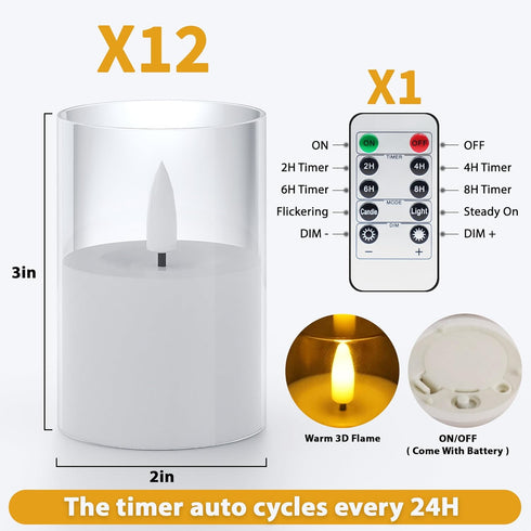 12Pack (2"X3") VIODAIM Flickering Flameless LED Candles with Remote & Timer, Battery Powered - Small Pillar & Votive