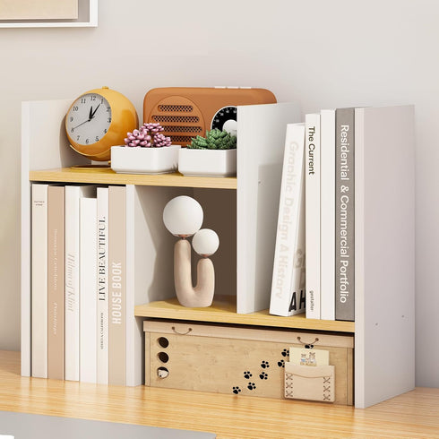 Small Desktop Bookshelf, White Desk Organizers and Storage, Expandable Desk Organization Shelves, Adjustable Narrow