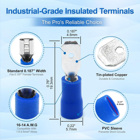 Baomain 100-Pack 0.187" Male Quick Disconnect Spade Connectors, Insulated Blue Terminals, 16-14 AWG, 4.8mm