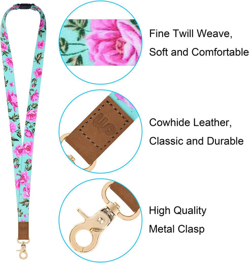 Wisdompro Cute Wrist & Neck Lanyard for Women, Breakaway Lanyards for ID Badges, Car Keys, Wallet - Powder Blue Flower