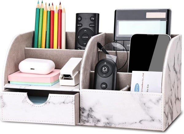 KINGFOM Pu Leather Desk Organizer - Pen Pencil Holder with 6 Compartments and Drawer, Gray Marble