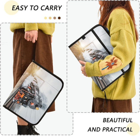 Kcldeci 13 Pocket Expanding File Folder, Steam Locomotive Train Accordion Document Organizer with Zipper Closure