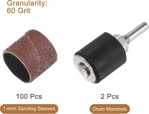 uxcell 100 Pcs 1 Inch Sanding Sleeves Sandpaper Set, 60 Grit with 2 Pcs Drum Mandrels for Rotary Tools