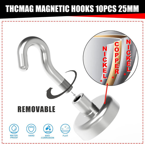 Strong Neodymium Magnetic Hooks, Heavy Duty Rare Earth Hooks for Hanging, Key Holder, Pack of 10