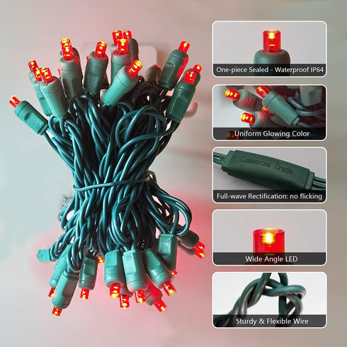Christmas Lights - 50 Red LED 17FT Mini String Lights, 120V UL, Green Wire for Indoor & Outdoor Holiday Decorations
