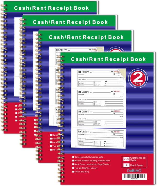 DeBiao Money and Rent Receipt Book 2-Part Carbonless 7-5/8" x 11" Spiral Bound