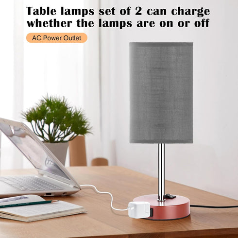 Set 2, 3 Dimmable ZJOJO Table Lamp for Bedroom of Bedside Small Lamps with Way Rocker Switch and AC Outlet, Nightstand