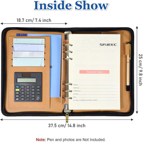 SAYEEC A5 Executive Conference Folder Zipped Portfolio Binder Faux Leather Padfolio with Calculator and Loose Leaf Paper