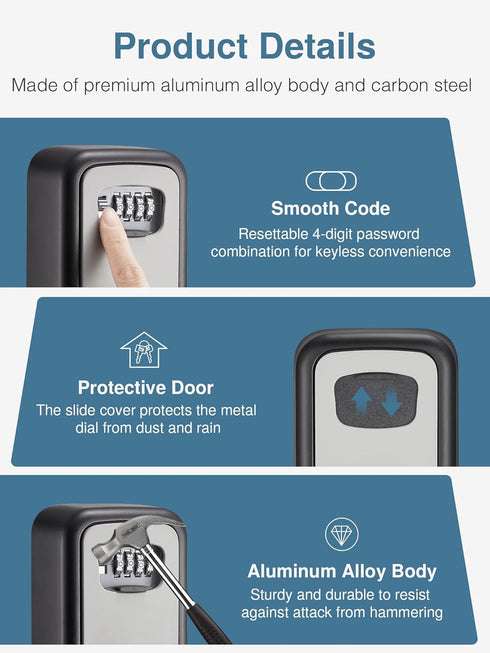 Puroma Security Key Lock Box, 4-Digit Combination Waterproof Lock Box for Key Storage, Large Capacity
