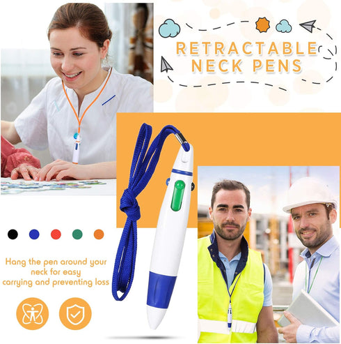 Retractable Pen with Lanyard, Neck Pens in a Rope, 4 Color Ink Ballpoint Pen with Chain for Nurses, Students, Office