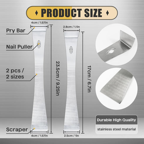 2-Piece Stainless Steel Mini Pry Bar Scraper Set, Ultra Sharp Trim Puller and Flat Pry Bar for Trim Removal