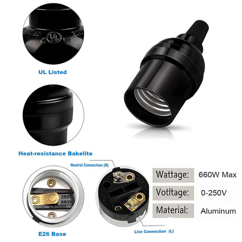 E26/E27 Bulbs (3-Pack, Keyless Medium Base Vintage Socket,Black Bakelite Socket Vintage Screw Edison Ceiling Retro