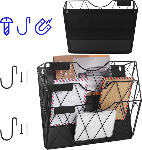 Magnetic File Holder, 3-Tier Black File Organizer for Cabinets, Mail & Magazine Holder, No-Drill Mount for Office Home
