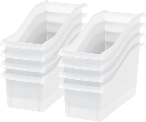 IRIS USA Plastic Connecting Book Bin and Paper Storage Container, 15" x 6", 8-Pack for Office Classroom, Clear