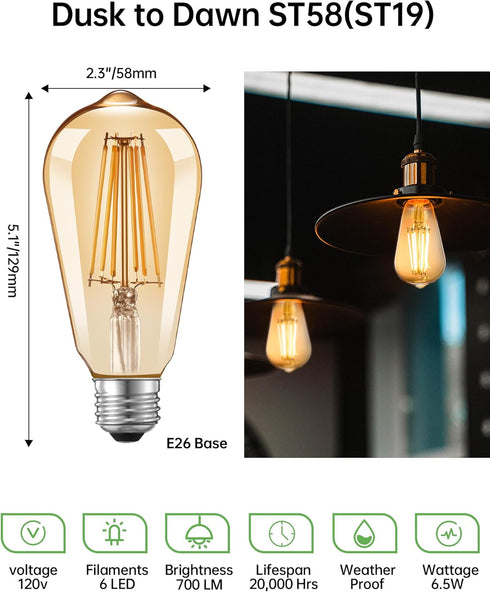 Dusk to Dawn Edison Light Bulbs 2-Pack, ST58(ST19), Vintage Amber Glass, 60W Equivalent, Automatic On/Off