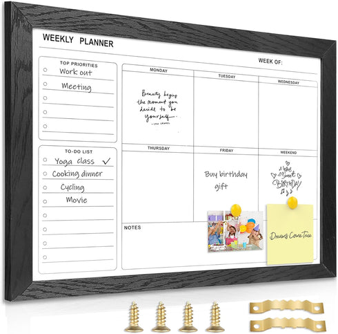 White Board Weekly Calendar - Dry Erase Planner for Wall, 16"X12", Black Solid Wood Frame, Magnetic Whiteboard