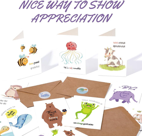 Hunanyume 4x6 Inch Graduation-20 Pack Funny Thank You Cards with Envelopes & Stickers - Cute Animal Pun Assorted Blank
