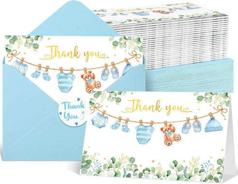 libfrnt 50 Pack Baby Shower Thank You Cards with Envelopes Stickers Boy Baby