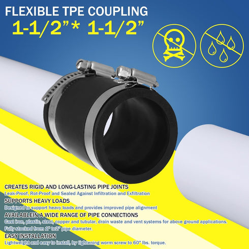 2 Pcs Flexible TPE Coupling with Stainless Steel Clamps for Plastic and Copper Plumbing Connections, Black (1-1/2
