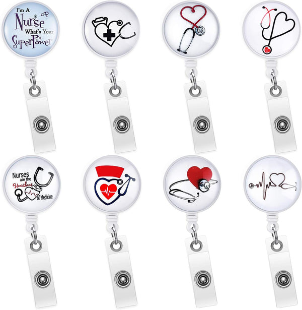 WILLBOND 8 Pieces Nurse Badge Reel Holder Retractable ID Reel Clip for Nurse Doctor Teachers Students, 8 Styles