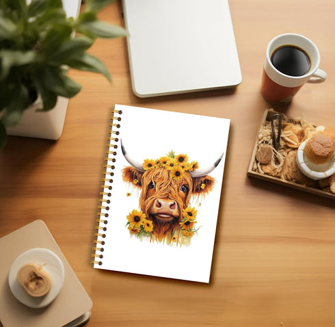Sunflower Highland Cow Notebook, Western Cow Office Supplies, Spiral Notebook 5.5x8.3, Gifts for Highland Cow Lovers