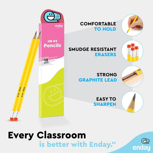 Enday Pencil #3 Yellow, Best Wood Cased Unsharpened Number 3 Drawing Pencils with Latex Free Eraser, 12 Pencils Box for