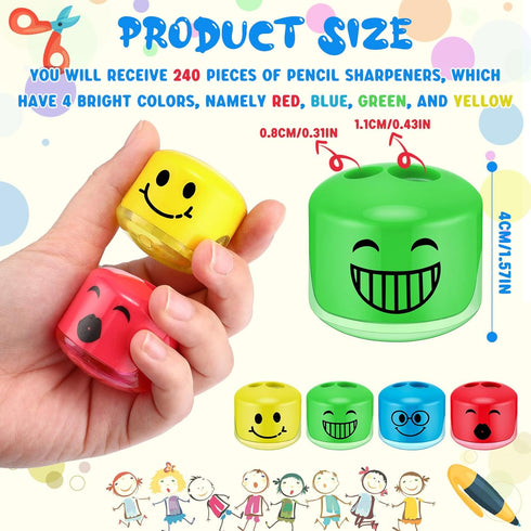 Crtiin 240 Pcs Colorful Cartoon Expression Pencil Sharpeners, Manual Dual Holes Handheld Sharpener for School Office