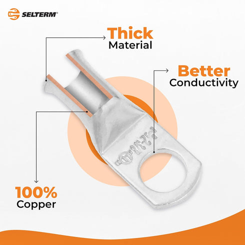 SELTERM 10pcs 1/0 AWG Tinned Copper Wire Lugs, Heavy Duty Battery Cable Ends, UL Marine Grade Connectors