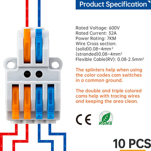 GKEEMARS 10 Pcs Lever Wire Connectors, Quick Wiring Cable Connector Push-in Terminal Block