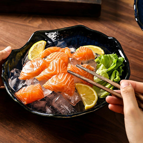TROSIQUANJIA commercial -7-inch 450ml) Japanese-style minimalist kiln blue ceramic salmon sashimi ice tray trumpet