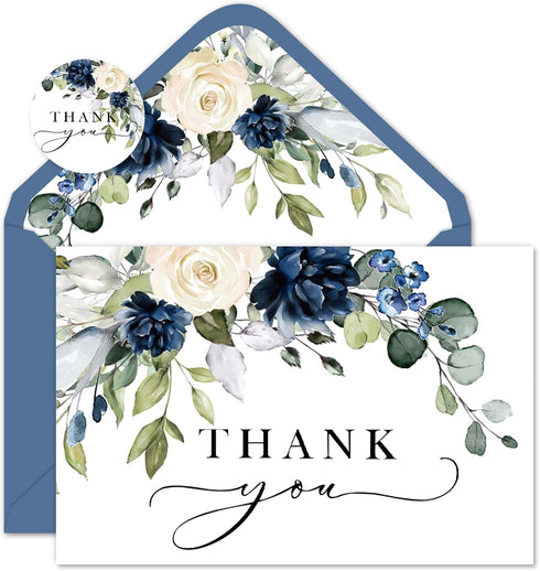JarThenaAMCS 50 Pack Floral Thank You Cards Bulk Blue Flower Greeting Cards