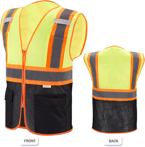 High Visibility Reflective Safety Vest with Zipper and Pockets (Yellow & Black),Medium