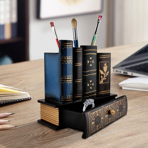 Vintage Book Pen Holder, Retro Wooden Desk Organizer with Drawer, Fake Book Shaped Pencil Cup for Office