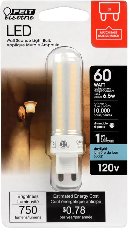 T4 Bulb G9 Dimmable, 60W 5000K 120V, 750 10,000 Bulb, BP60G9/850/LED Feit Electric LED Base, Equivalent, Daylight