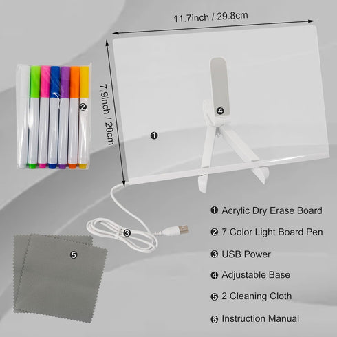 GraduationMall Acrylic Dry Erase Board with Light, 11.8 X 7.9 LED Note Message Glass Board with Stand for Kids