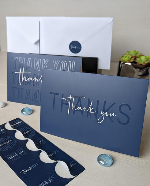 T&M Quality Designs LLC 100 4 4x6 Inch Thank You Cards with Envelopes and Stickers - Unique Navy Blue Designs Bulk