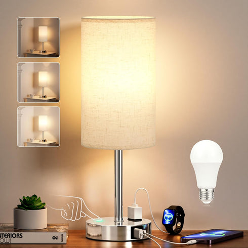 17.4Inch 3 Dimmable Bedside Touch Table Lamps for Bedroom Nightstand with USB-C USB-A Charging Ports White - Way