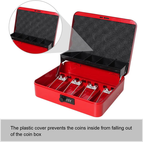 Jssmst Large Locking Cash Box with Money Tray, Metal Money Box with Combination Lock, Cash Safe with Security Cable, Red