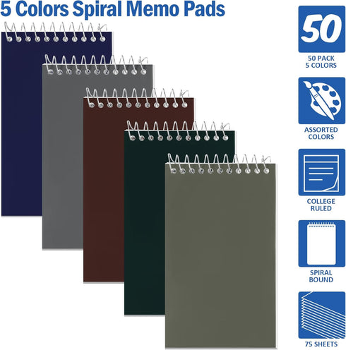 Teling 50 Pieces Spiral Memo Pads Bulk, 3 x 5 Inch Small Note Pads for School Office Home Supplies