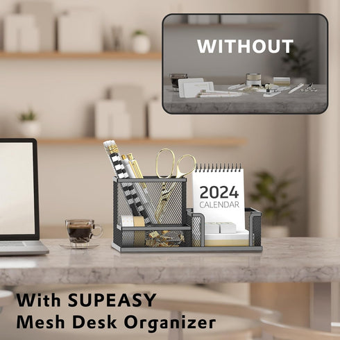 SUPEASY Mesh Pen Holder Desk Organizer, Office Supplies Storage with 3 Compartments for Home School