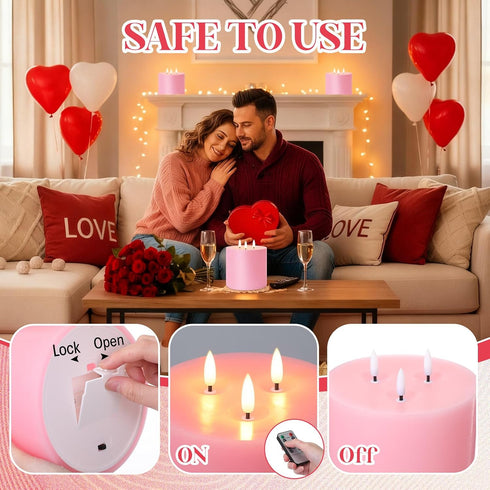 6'' 6'' 3 Retisee Valentine's Day Pink Extra Large Flameless Candles x LED Battery Operated Real Wax Wicks Flickering