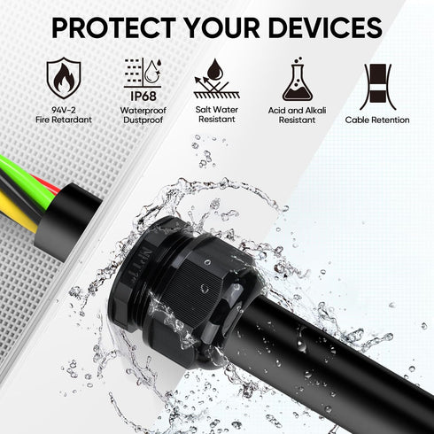 TICONN 20 Pcs IP68 Waterproof Cable Gland Kit, Nylon NPT Adjustable Cable Connectors Assortment for Waterproof Junction