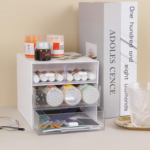 Desk Organizer with Drawer, Office Storage Box with 4 Acrylic Drawers for Desktop, Dressing Table, Home