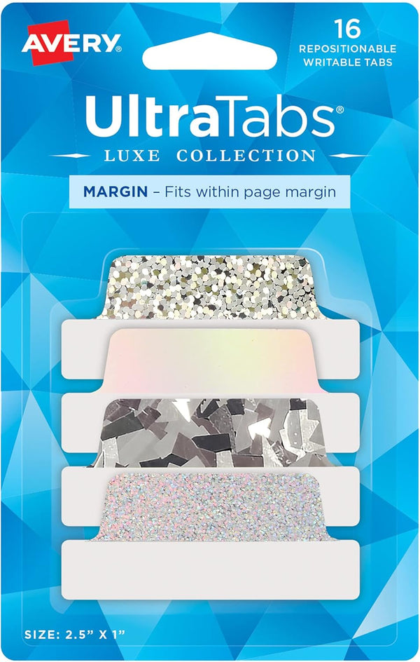 Avery Ultra Tabs Luxe Collection, 2.5" x 1" Holographic Iridescent Margin Tabs, 16 Repositionable Page Tabs (74179)